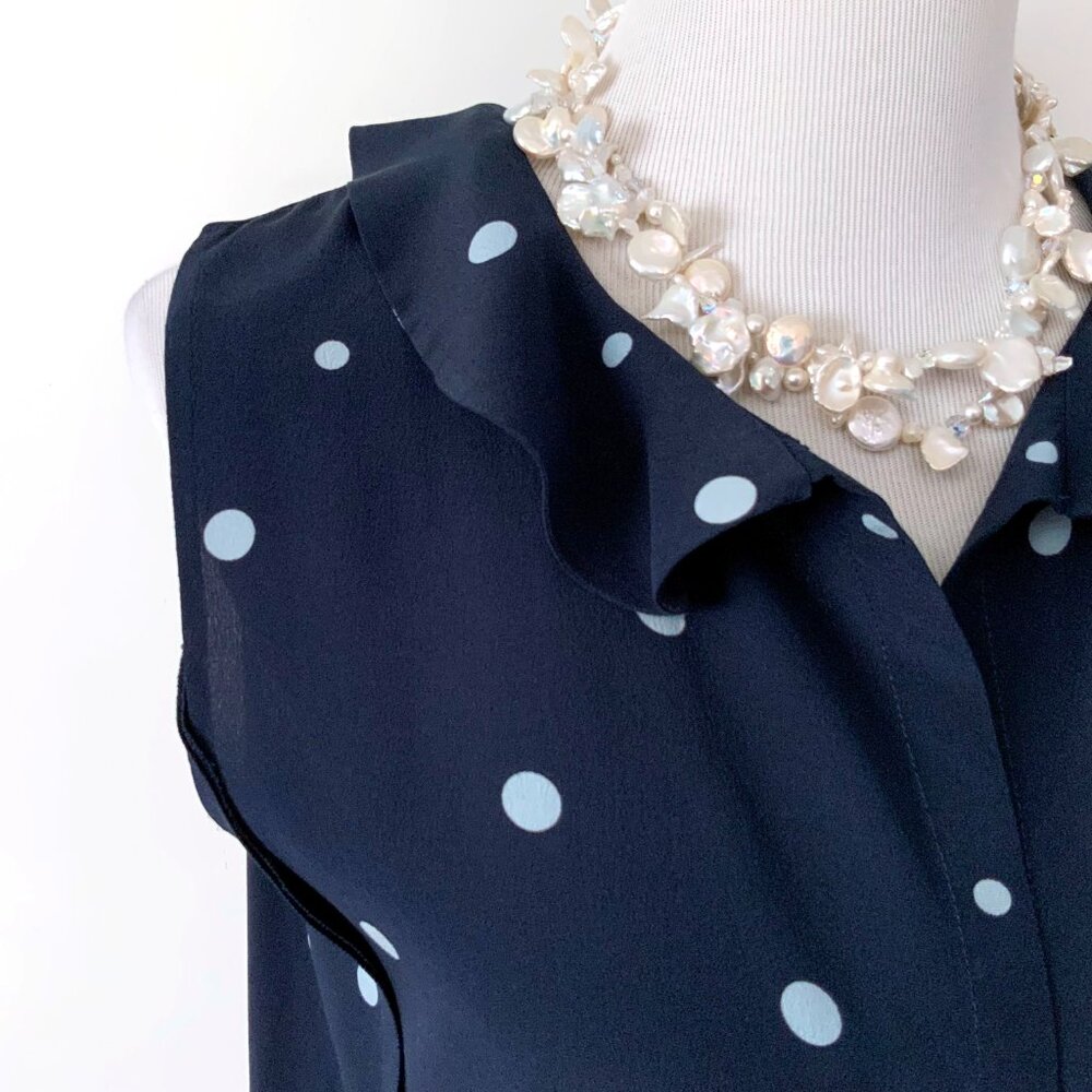 MARNI Navy Blue Polka Dot Sleeveless Blouse Ruffle Neck Sz 44 (M) - Picture 7 of 16